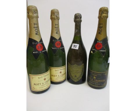 Three bottles of Moet &amp; Chandon Champagne and a bottle of Dom Perignon 1970 vintage Champagne, 75cl