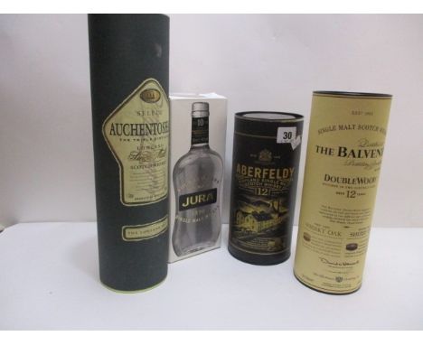 Four boxed bottles of Scotch Whisky to include Jura,  Balvenie, Aberfeldy and Auchentoshan