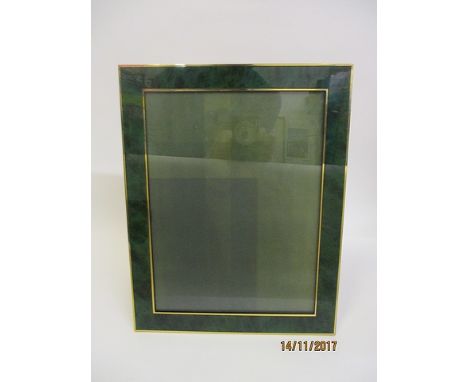 A vintage Hermes mottled green, enamelled and brass picture frame on a tan, leather clad easel back, 11 1/2 x 9 1/8