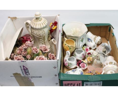 Selection of ceramics and glassware incl. Belleek vase, Capodimonte, Lladro bell etc. (2 boxes) 