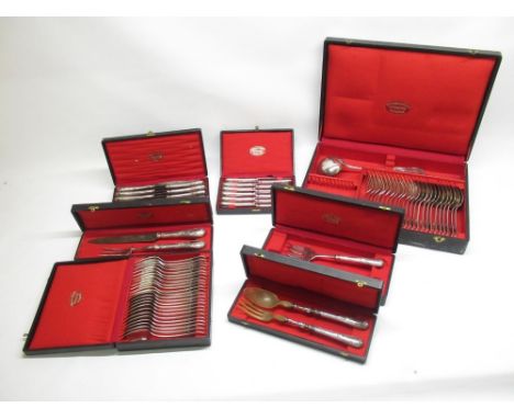 Collection of boxed Orfevrerie Christofle silver plated cutlery incl. carving set, salad servers, fish servers, 12 table kniv