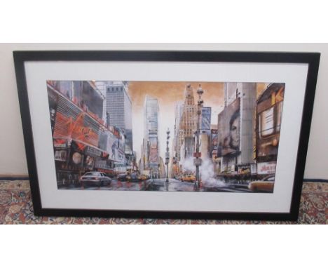 Busy American city street scene, colour print, 48cm x 95cm 