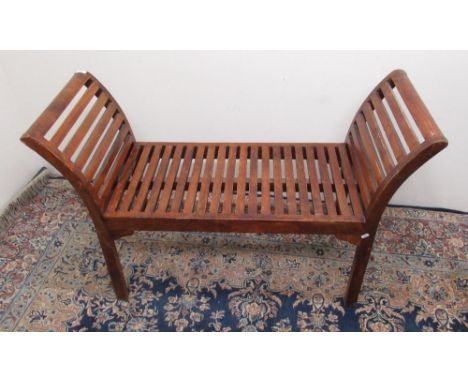 C20th Eastern hardwood open backed slatted bench on square legs W1119cm D46cm H77cm 