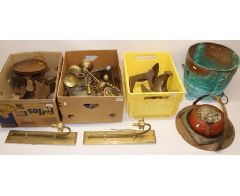 Various metalware, incl. a Verdigris copper log bin with claw feet, H32cm, pair of brass wall light fittings with rectangular