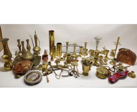 Selection of brass and other metalware incl. candlesticks, Indian teapots, miners lamp, shell cases etc (qty) 