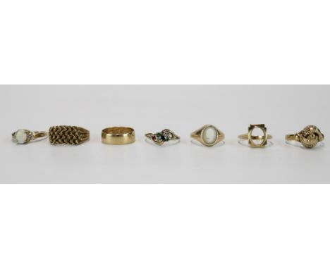 Selection of hallmarked 9ct gold rings incl. Keeper ring, wedding band, white opal ring etc. gross 21g (some stones missing) 