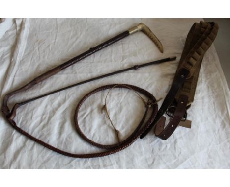 Swaine plaited leather Hunting whip, with signed EPNS mount and horn handle, a plaited riding crop, two small canvas and leat