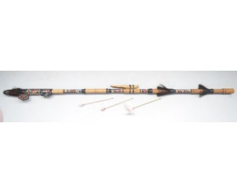 Tribal style cane blowpipe with 3 steel tipped darts, L142cm 