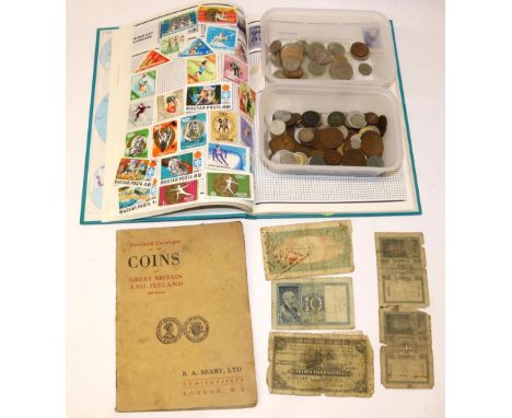 Selection of GB cupro-nickel and other coinage, mix of foreign coinage banknotes and a stamp album 