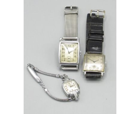 Belvil - 1940's plated hand wound wristwatch, signed silvered Arabic dial with subsidiary seconds, two piece square case with