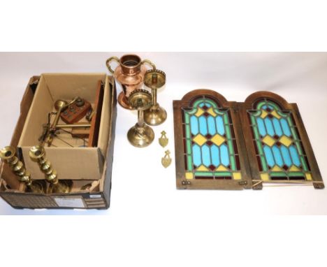 Two oak framed stained glass cupboard door panels, both H57cm, set of balance scales, pair of ecclesiastical type candlestick