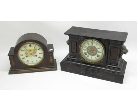 Mid C20th oak cased chiming mantle clock H22cm and a late C19th japanned steel mantle clock set with lion masks, converted to
