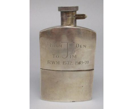 Geo.V hallmarked Sterling silver hip flask with fitted cup, with later personal engraving, by Deakin &amp; Francis Ltd, Birmi