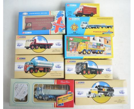 Nine boxed 1/50 scale Corgi limited edition diecast truck models to include 9802 ERF 8 Wheel Rigid August 1995 Corgi Mileston