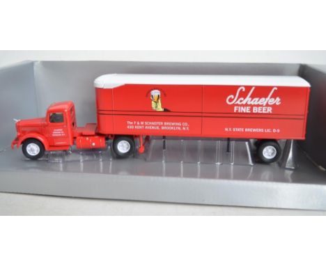 Eight 1/50 scale diecast North American brewers truck models from Corgi and Matchbox to include Corgi 50702 Mack LJ Schaefer 