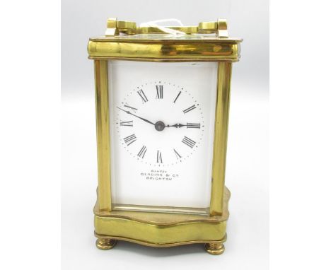 Exam'd by Glading &amp; Co., Brighton, early C20th carriage clock time piece, signed white enamel Roman dial, shaped moulded 