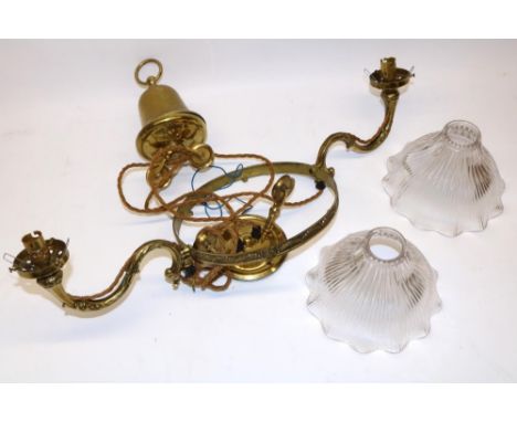 Brass rise and fall two branch ceiling light fitting, with two fluted pressed glass shades 