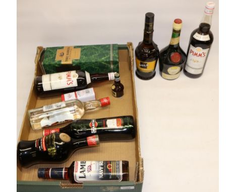 Three Barrels V.S.O.P. Brandy 100cl, Lamb's Navy Rum 770ml, Bols Creme de Bananes 700ml, Benedictine 700ml, Martini Rosso 75c