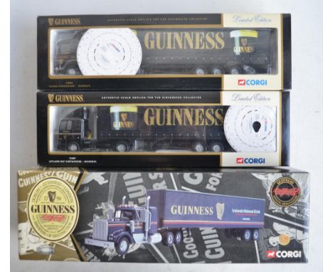 Three boxed 1/50 scale limited edition Corgi Guinness diecast truck models to include 76403 Scania Curtainside (2249/4000), 7