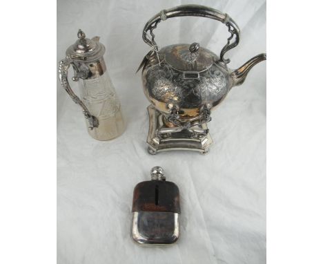 Victorian EPNS spirit kettle on stand, clear glass claret jug with EPNS mount and handle, and an EPNS and leather hip flask, 