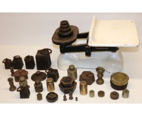 W. &amp; T. Avery Birmingham - pair of enamelled grocer's shop scales together with a collection of brass and iron weights (2