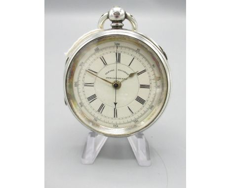 Victorian silver key wound and set Centre Seconds Chronograph open faced pocket watch, signed cream coloured stepped Roman di