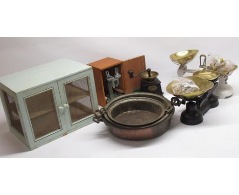 Boxed Opax Stereo 15x 30xw 45x microscope, 3 copper trays, cast metal and brass grinder, 2 kitchen scales and weights and a C