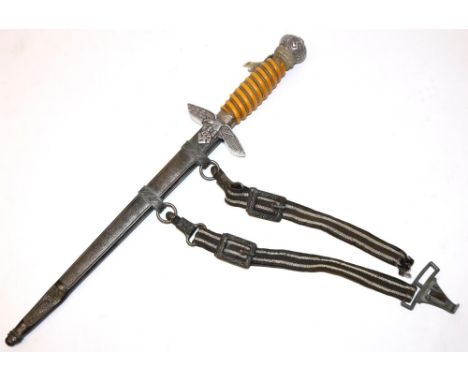 WWII Third Reich Luftwaffe officer’s dagger, wire wrapped yellowed celluloid handle, hilt with Swastika globe pommel, housed 