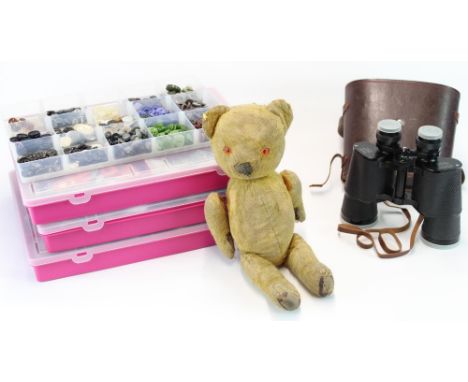 Three trays of sewing buttons, mid C20th mohair teddy bear and a pair of Floria 7 x 50 field binoculars 