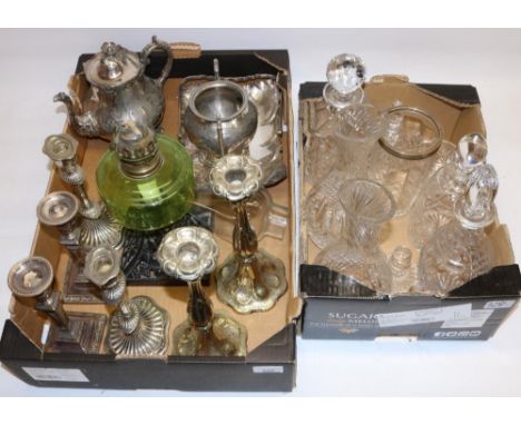 Silver plate and other metalware incl. candlesticks, oil lamp, etc. and a quantity of cut crystal glassware incl. Stuart (2 b