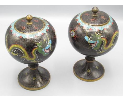 Pair of cloisonne lidded globular tea caddy/tobacco jars, H21cm 
