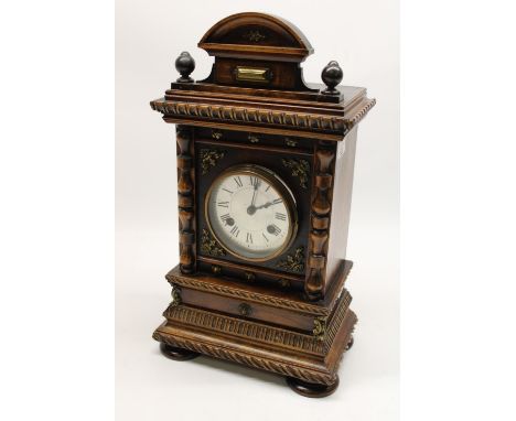 P.H &amp; S Germany - early C20th beech mantle clock, carved and moulded case with half turned pilasters on squat bun feet, t