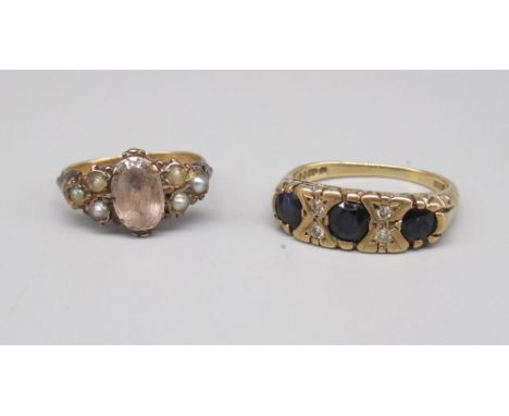 9ct yellow gold sapphire and diamond ring, stamped 375, size M1/2, 4.0g, and an unmarked Victorian yellow metal ring set with