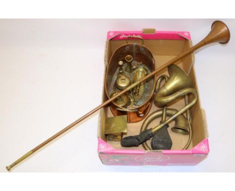 Two vintage brass car horns, C19th copper post horn L106cm and other decorative metalware 