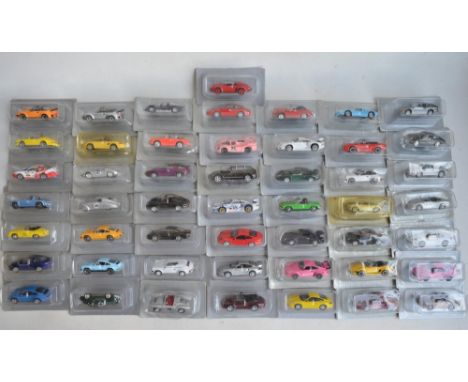 Fifty 1/43 scale diecast Porsche model cars from DeAgostini, all models as new and un-displayed with loose bases/nameplates e