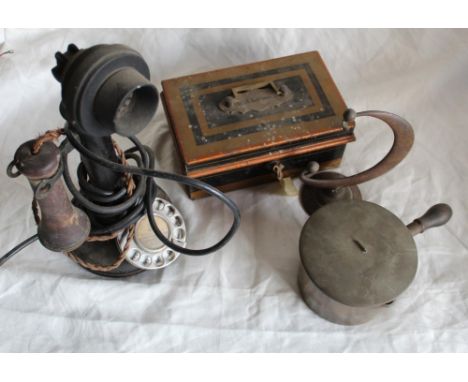 Vintage Candlestick telephone, Vintage cash box for D.M. Brown with key, sml. French brass pan with wooden handle etc 