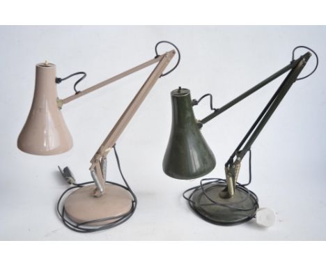 Two circa 1970's desk top anglepoise, beige example stamped "Anglepoise Lighting Ltd 90", both with circular bases, green exa