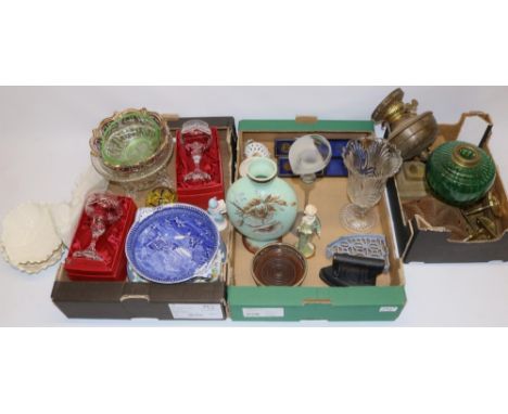 Group of various collectables incl. C19th oil lamp, glassware, two school attendance medals, books on antiques, vintage toys,