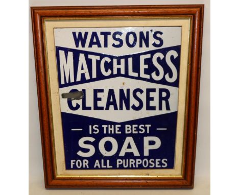 Framed Watsons Matchless Cleanser enamel sign, 37cm x 41cm 