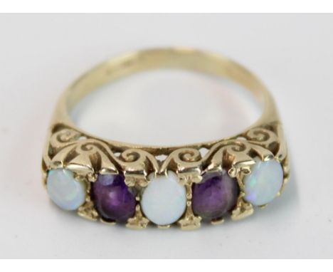 Hallmarked 9ct gold amethyst and opal five stone ring in scrolled setting on plain shank, 3.4g, size N 