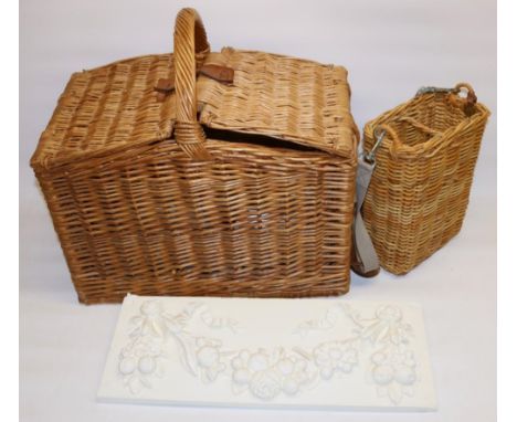 Large vintage wicker picnic hamper, H50cm; wicker bottle carrier with canvas shoulder strap and Mulberry tag; and a cast plas