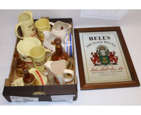 Group of advertising bar ware c1970s, incl. a Bell's Old Scotch Whisky advertising mirror 51x36cm, empty Bell's bell-shaped d