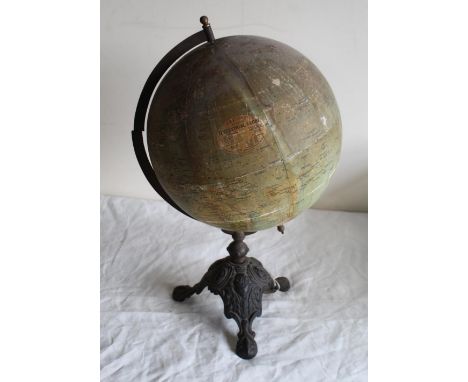 George Philip &amp; Co. 12 inch Terrestrial globe, on cat tripod base with claw and ball feet, H54cm, a C19th Welsbach Kern c