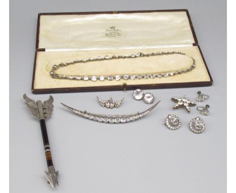 Victorian Scottish polished agate and white metal mounted arrow brooch, and a collection of silver and white metal Victorian 