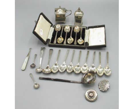 Edward VII silver mustard of square form, Chester 1904; Geo V silver pepperette, Birmingham 1927; ERII cased set of six silve
