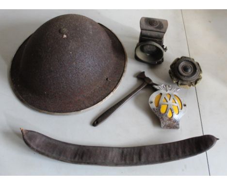 WW2 Brody helmet, Vintage cycle lamp, AA badge 3EO5825, Vintage Servants call and toffee hammer (5) 
