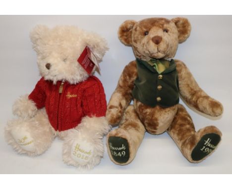 Two Harrods teddy bears: 1849-1999 anniversary bear in green waistcoat, and a 2015, 30th anniversary bear 