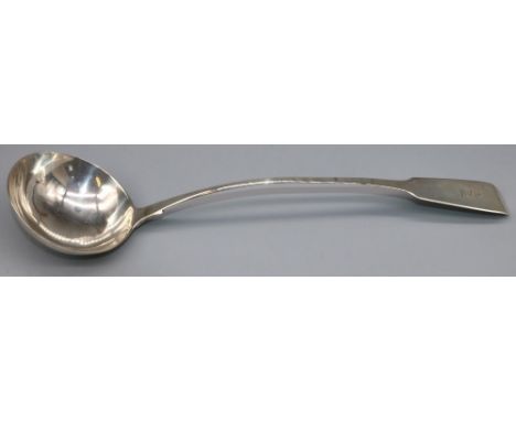 George 111 hallmarked silver Fiddle pattern soup ladle, engraved with crest, London probably 1768, L37cm 