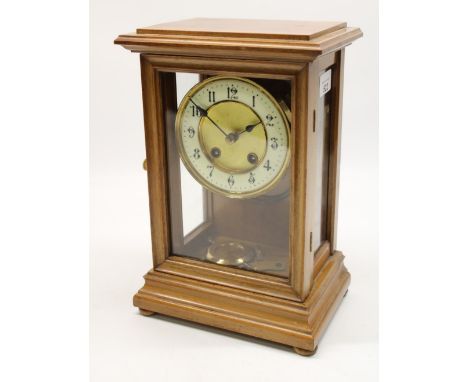 Early C20th mahogany four glass mantle clock, the dial having a matted centre and raised outer Arabic ceramic chapter ring, t