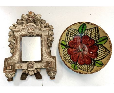 A painted carved wood bedroom mirror, 37 x 25 cm, a wall shelf, and other items (3 boxes)